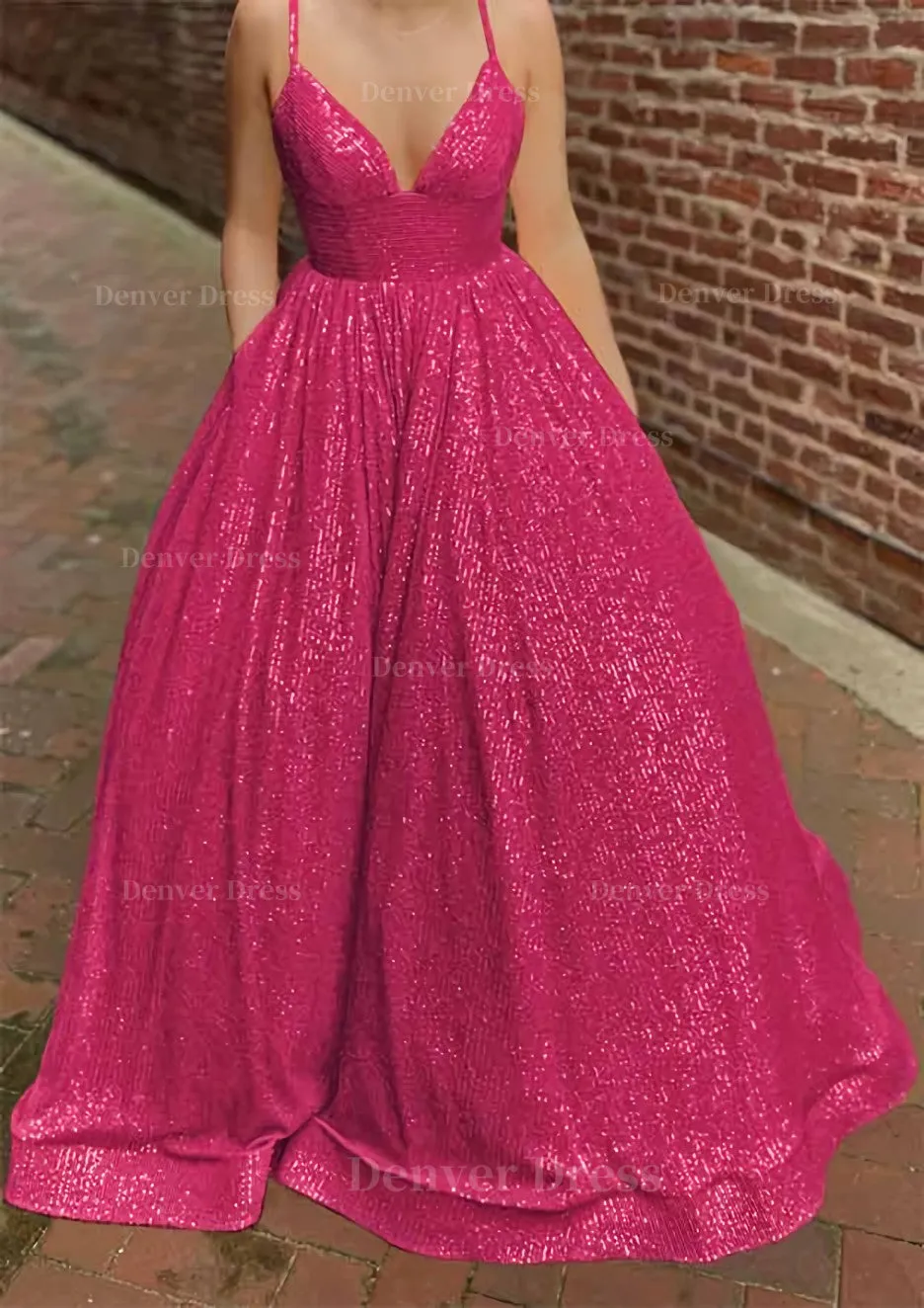 A-line V Neck Sleeveless Sweep Train Sequined Prom Dress with Pockets