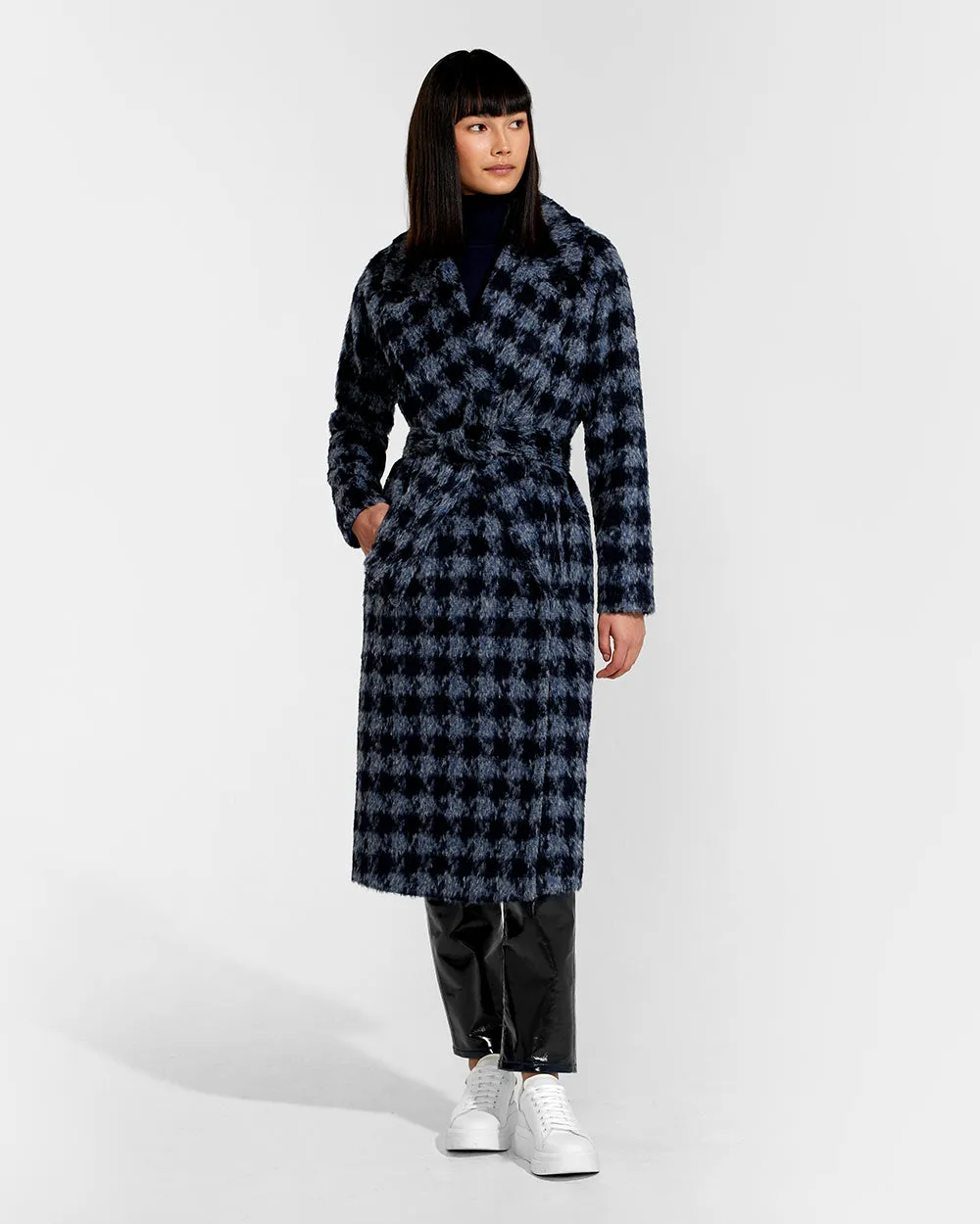 Houndstooth Alpaca Long Raglan Sleeve Notched Collar Coat