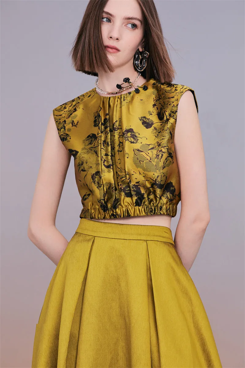 PURITY  Elegant Luxury Vintage gold jacquard sleeveless top and maxi skirt set- Proudy