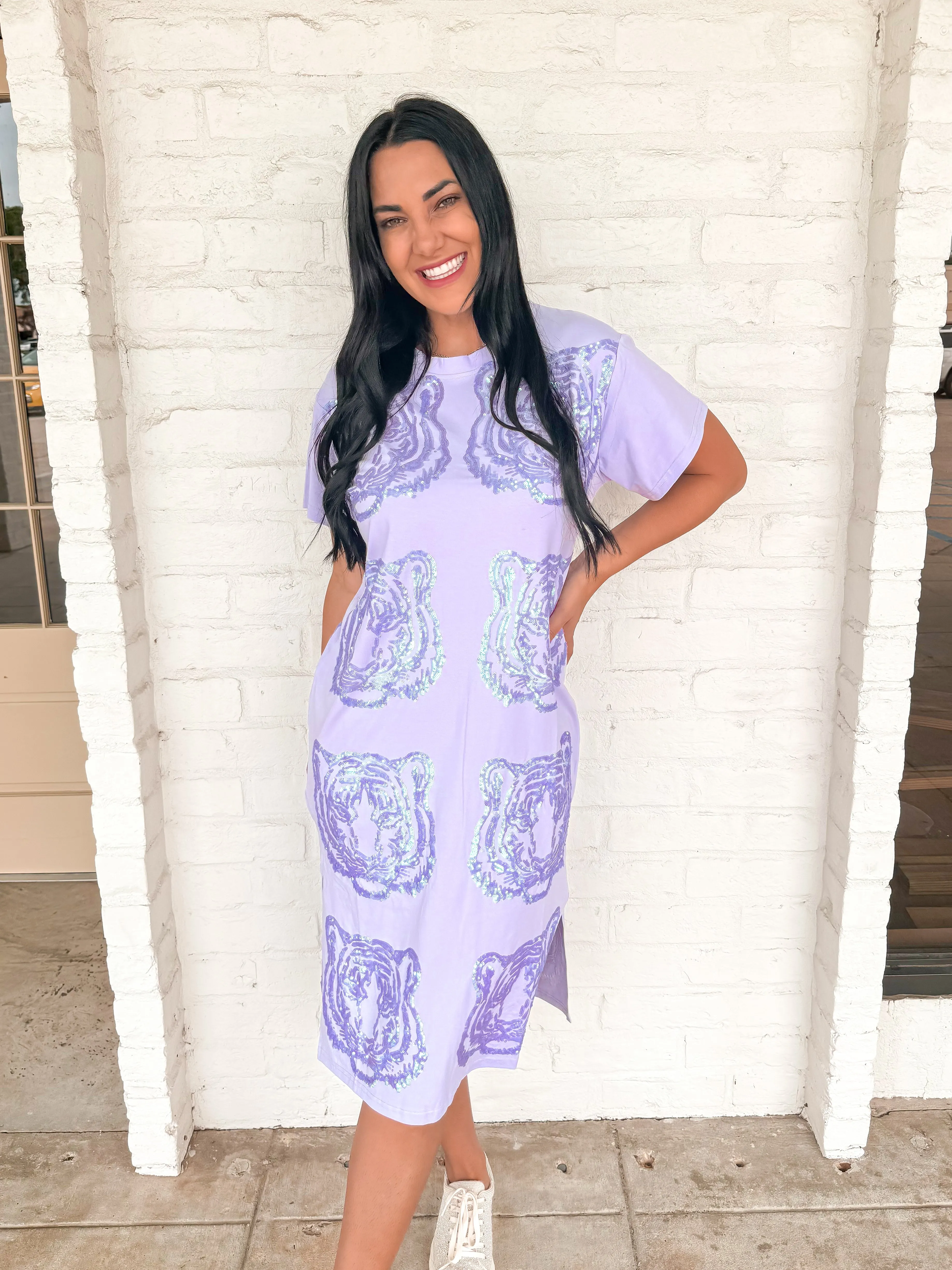 Queen Of Sparkles Lavender Sequin Tiger Face Midi Dress