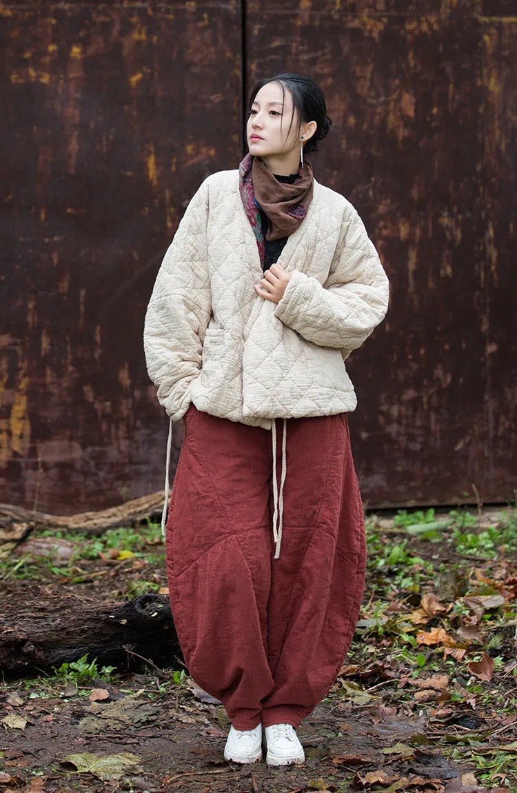 Retro Loose-Fit V-Neck Cotton and Linen Women's Winter Coat