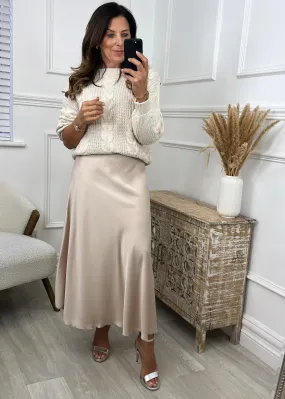 Shannon Beige Satin Midi Skirt