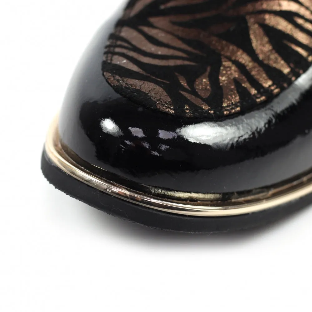 Slip On Lunar Ladies Chain Detail Shoes Wade Black/Gold Animal Print