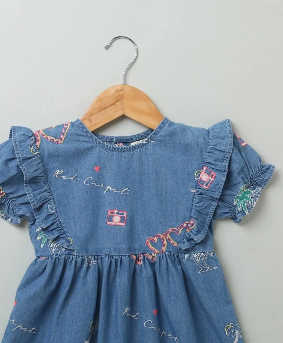 Sweetlime By AS Short Sleeves Denim Dress with Palm Tree and  Neon Heart Embroidery