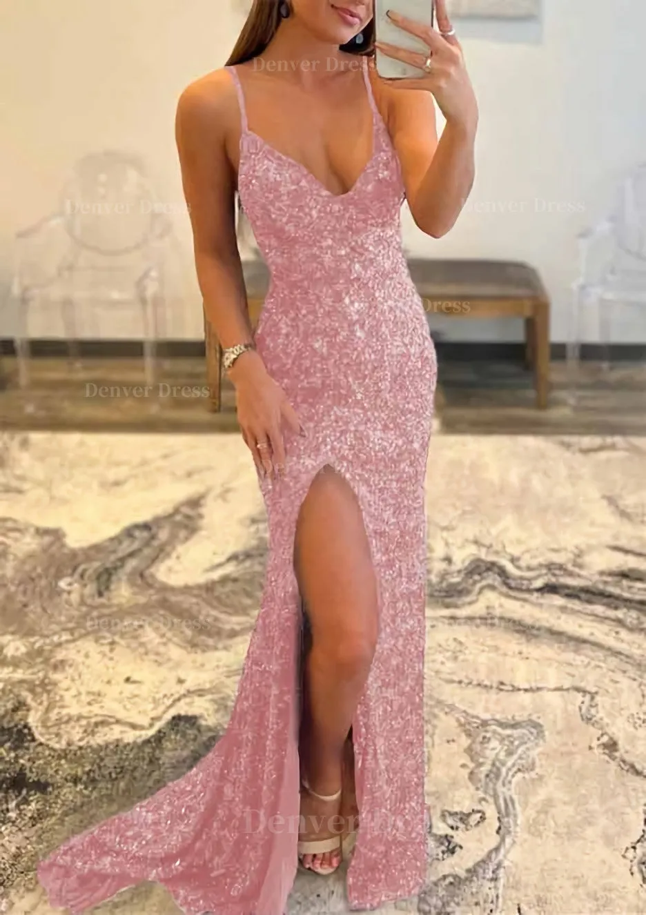 Trumpet/Mermaid V Neck Sleeveless Sweep Train Allover Sparkly Sequined Prom Dress With Split
