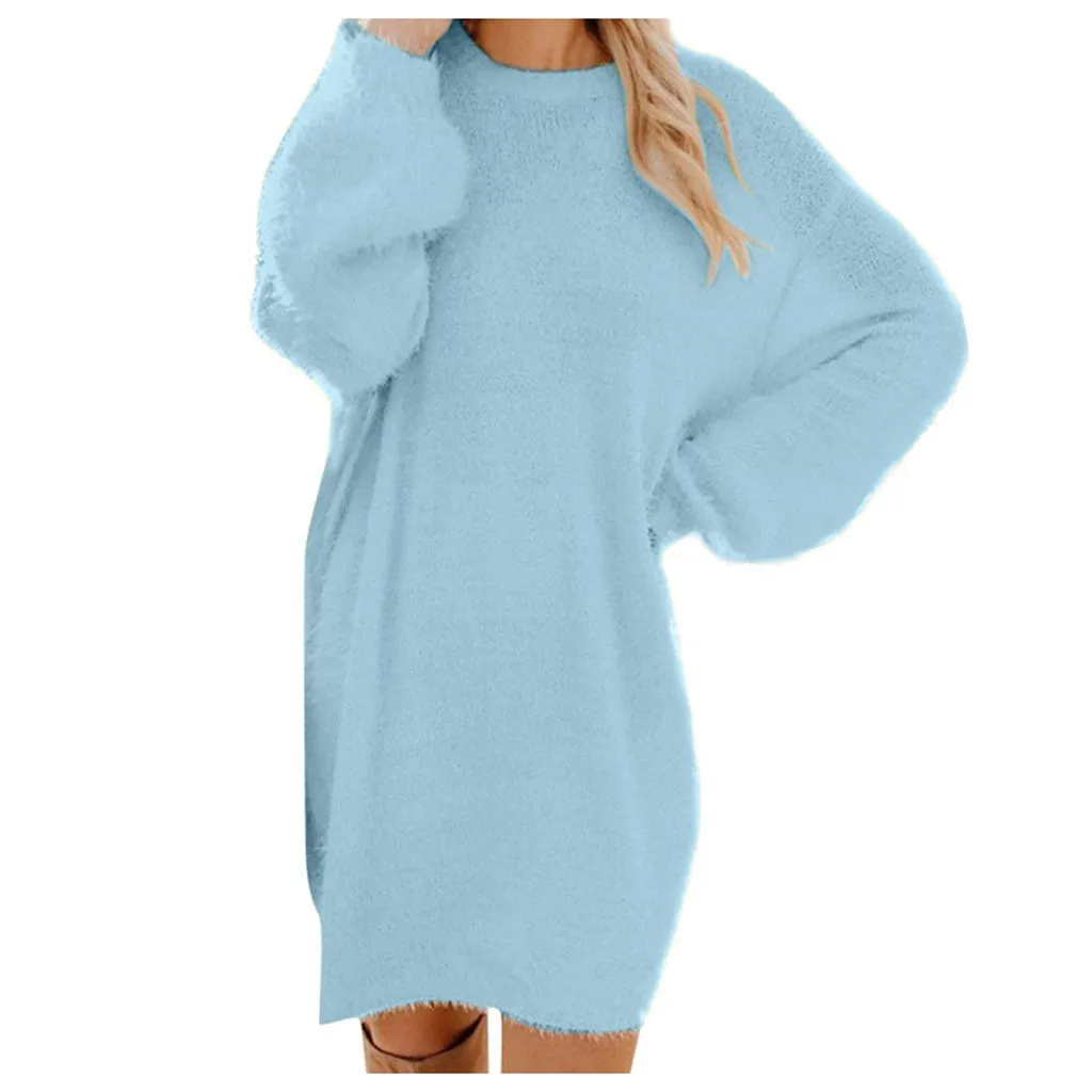 Women long dressy crew neck solid color fluffy sweater