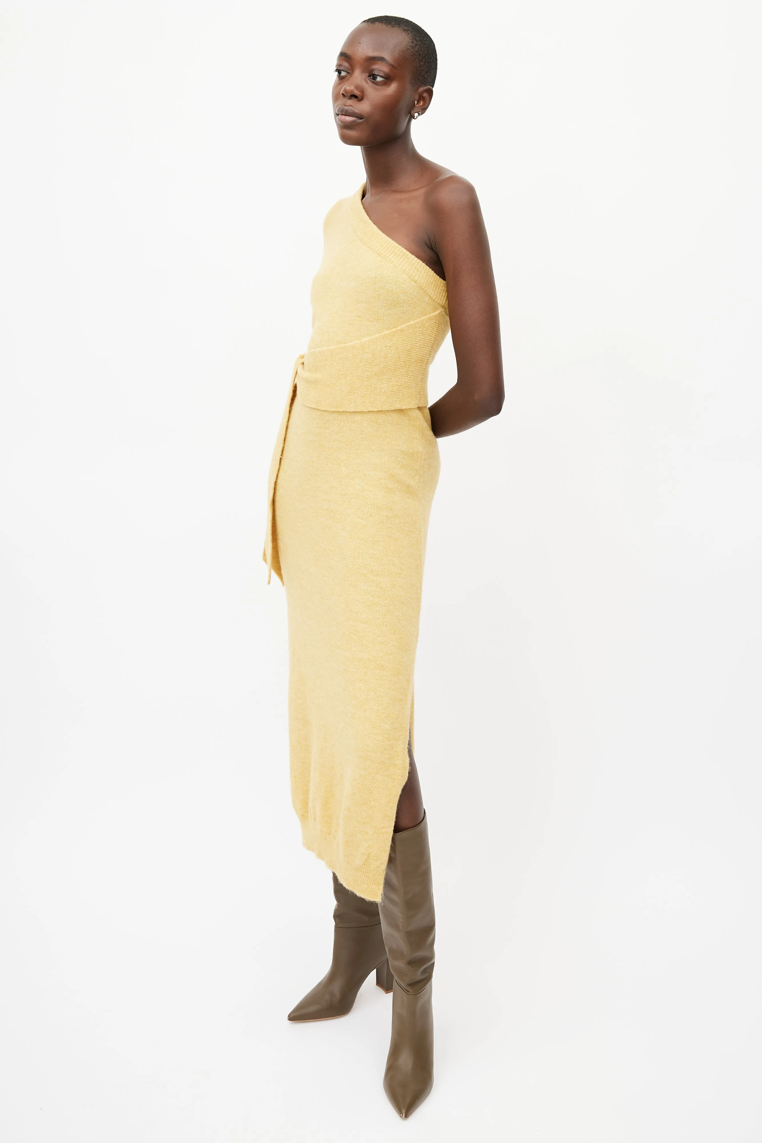 Yellow Wool One Shoulder Knit Dress